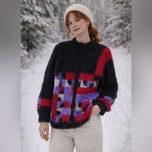 VTG Pop Art Mod Wild fluffy soft Sweater cardigan Colorful Scandi cabincore sz S